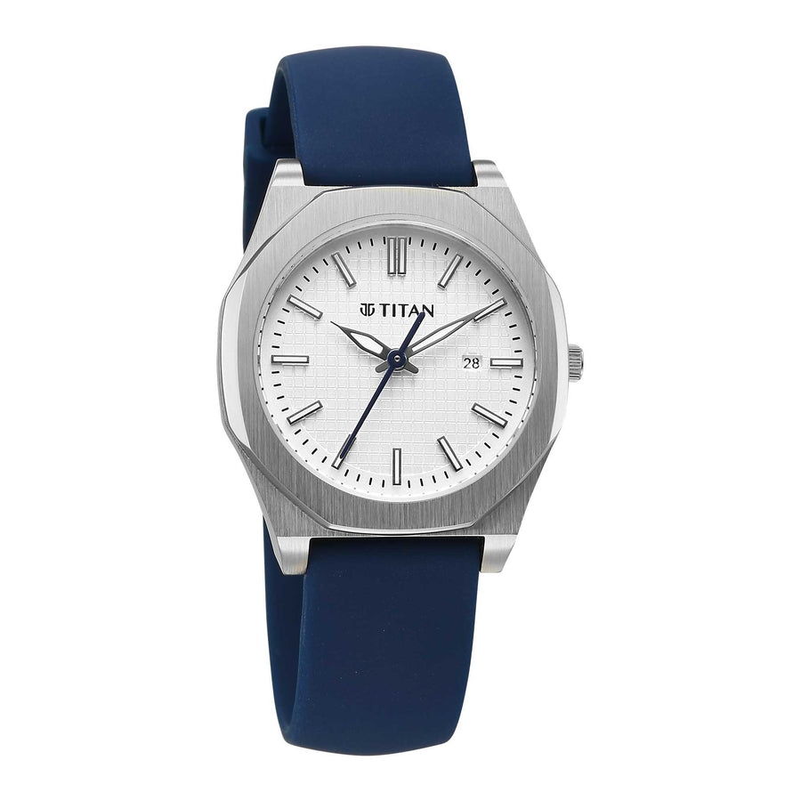 Titan White Round Dial Blue Strap Watch For LAD