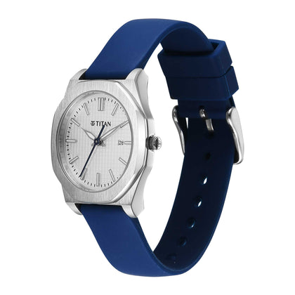 Titan White Round Dial Blue Strap Watch For LAD