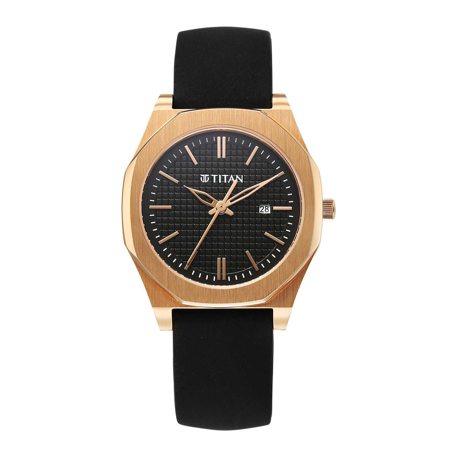 Titan Black Round Dial Black Leather Strap Watch For Women