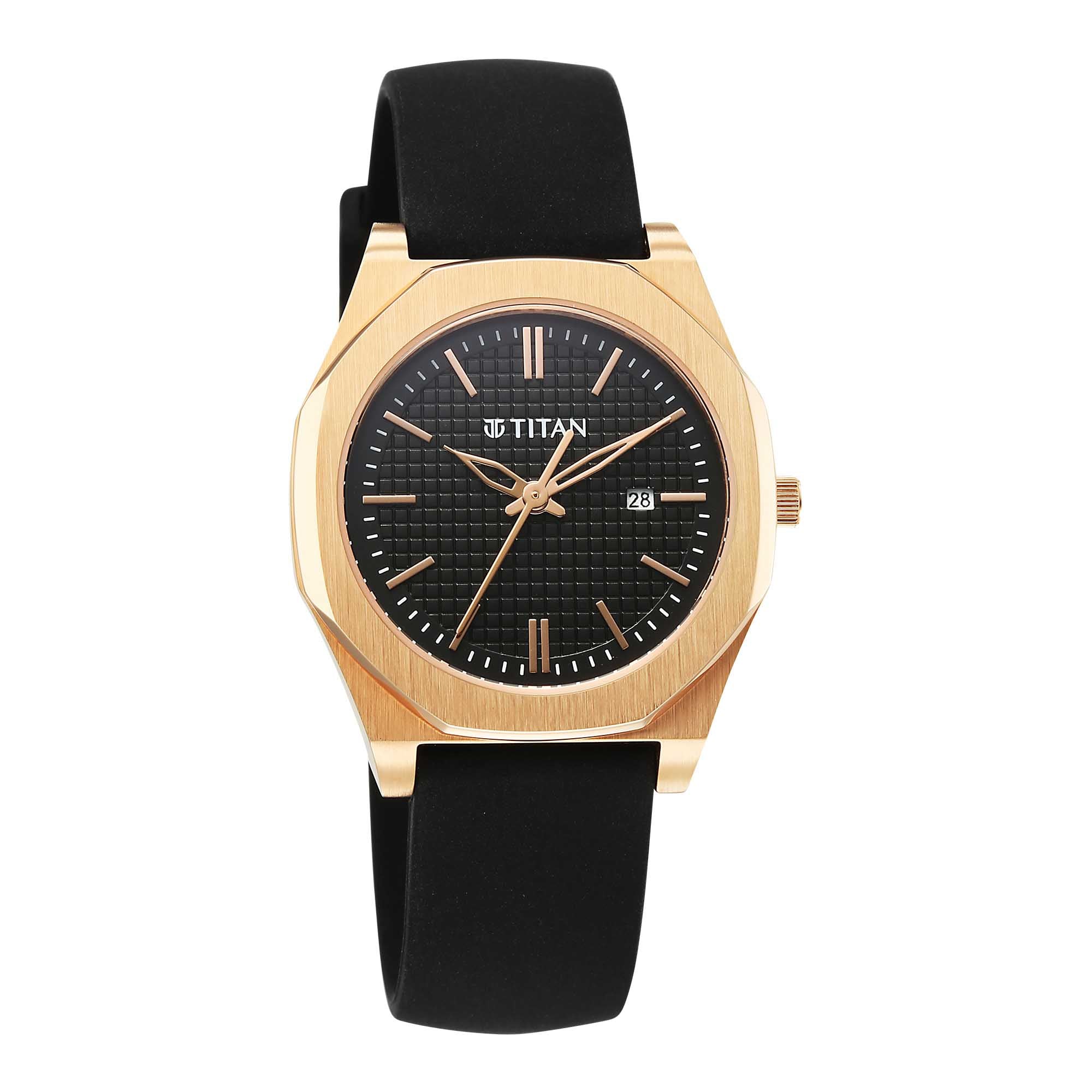 Titan Black Round Dial Black Leather Strap Watch For Women