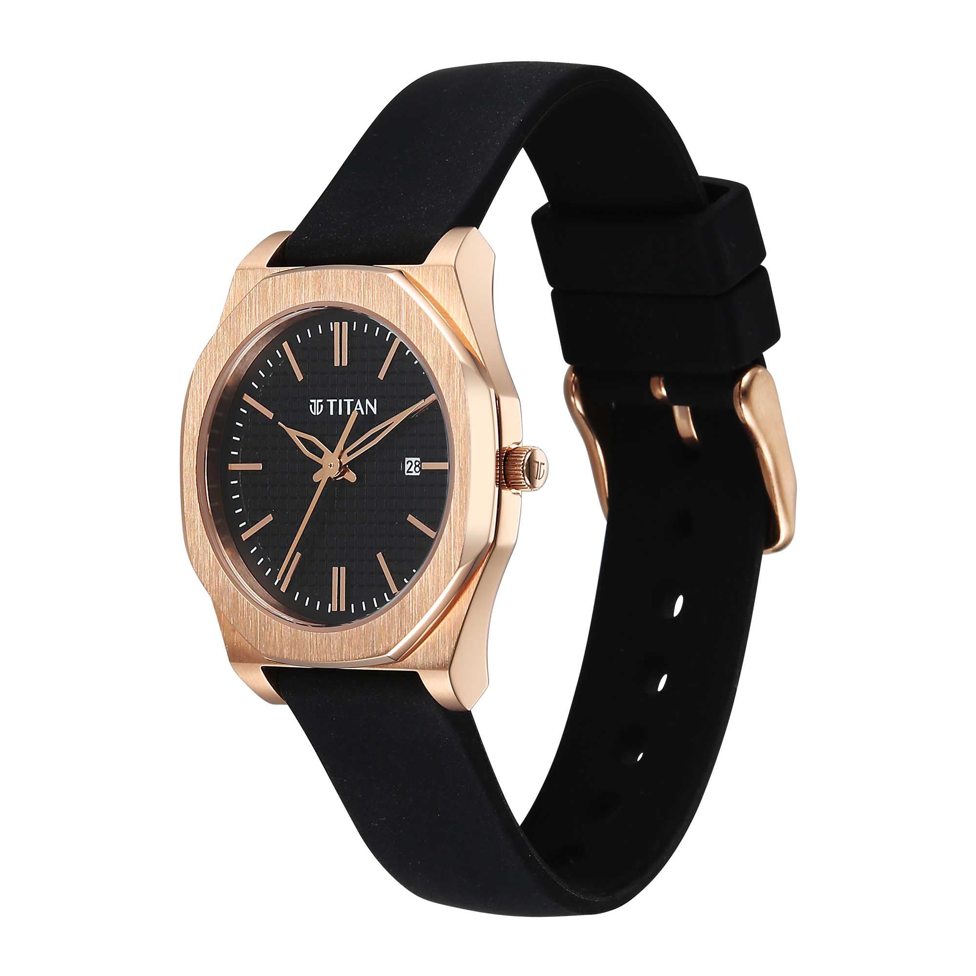 Titan Black Round Dial Black Leather Strap Watch For Women