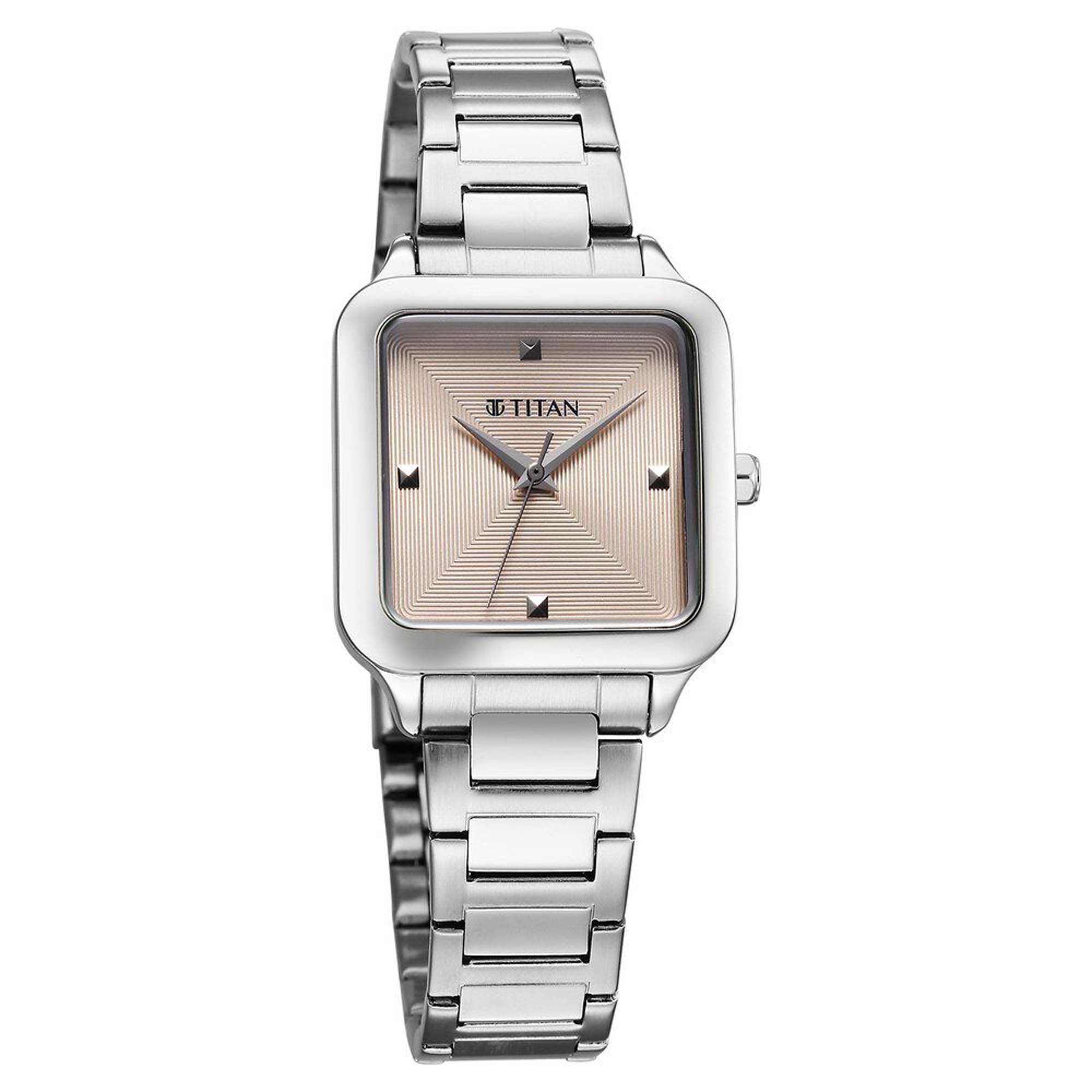 Titan Workwear Beige Square Dial Silver Stainless Steel Strap Analog Watch for Women