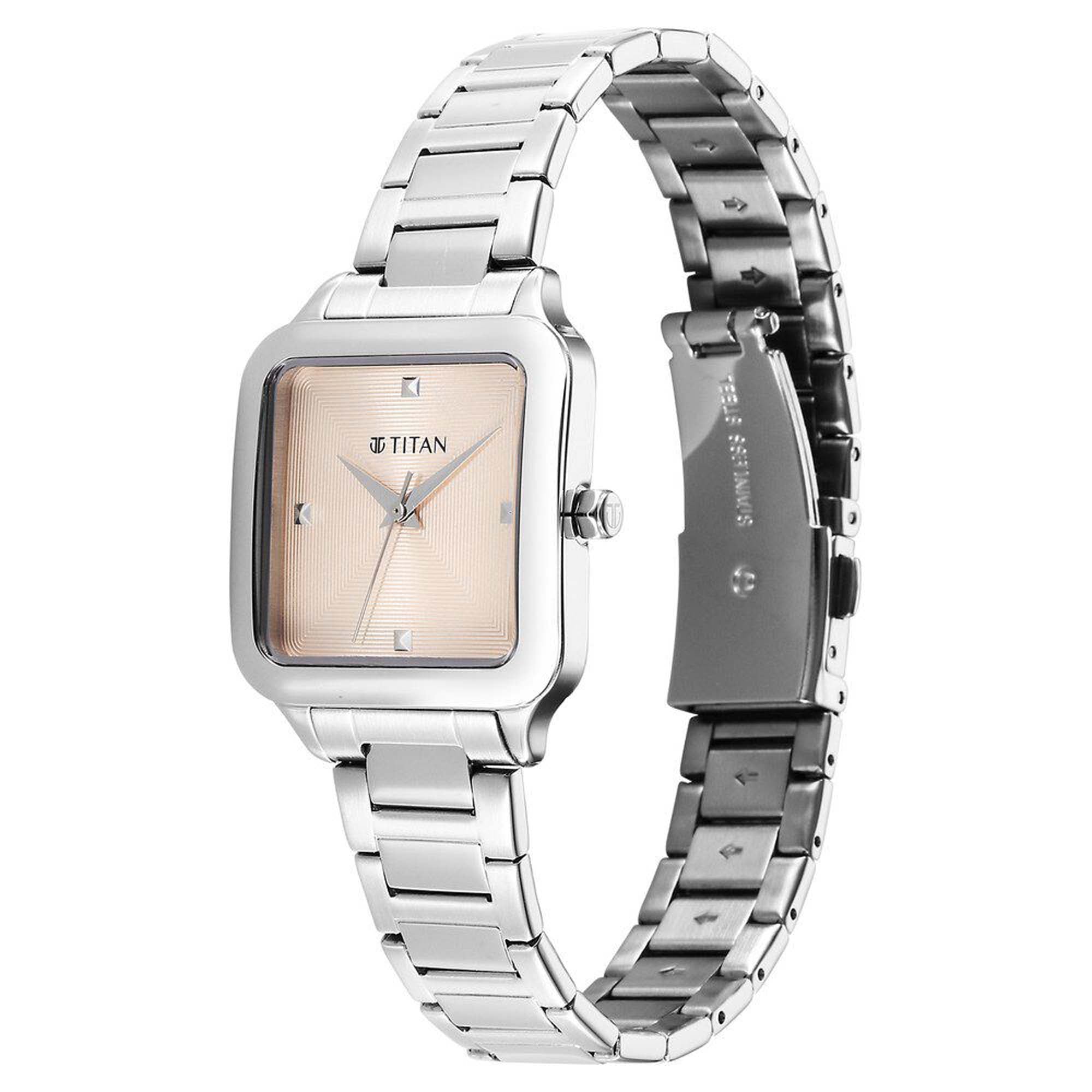 Titan Workwear Beige Square Dial Silver Stainless Steel Strap Analog Watch for Women