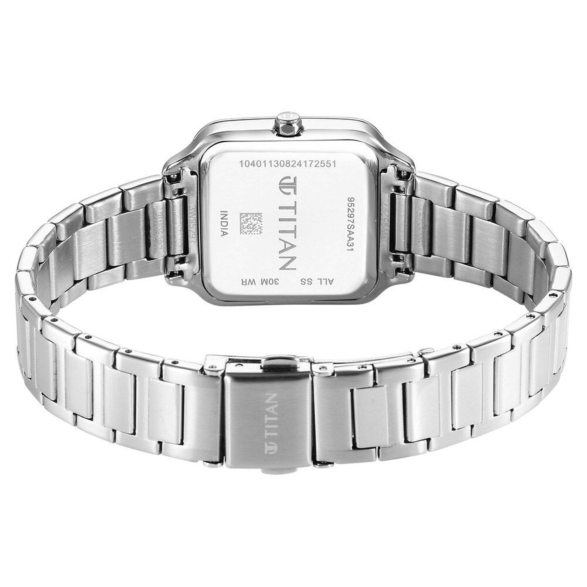 Titan Workwear Beige Square Dial Silver Stainless Steel Strap Analog Watch for Women