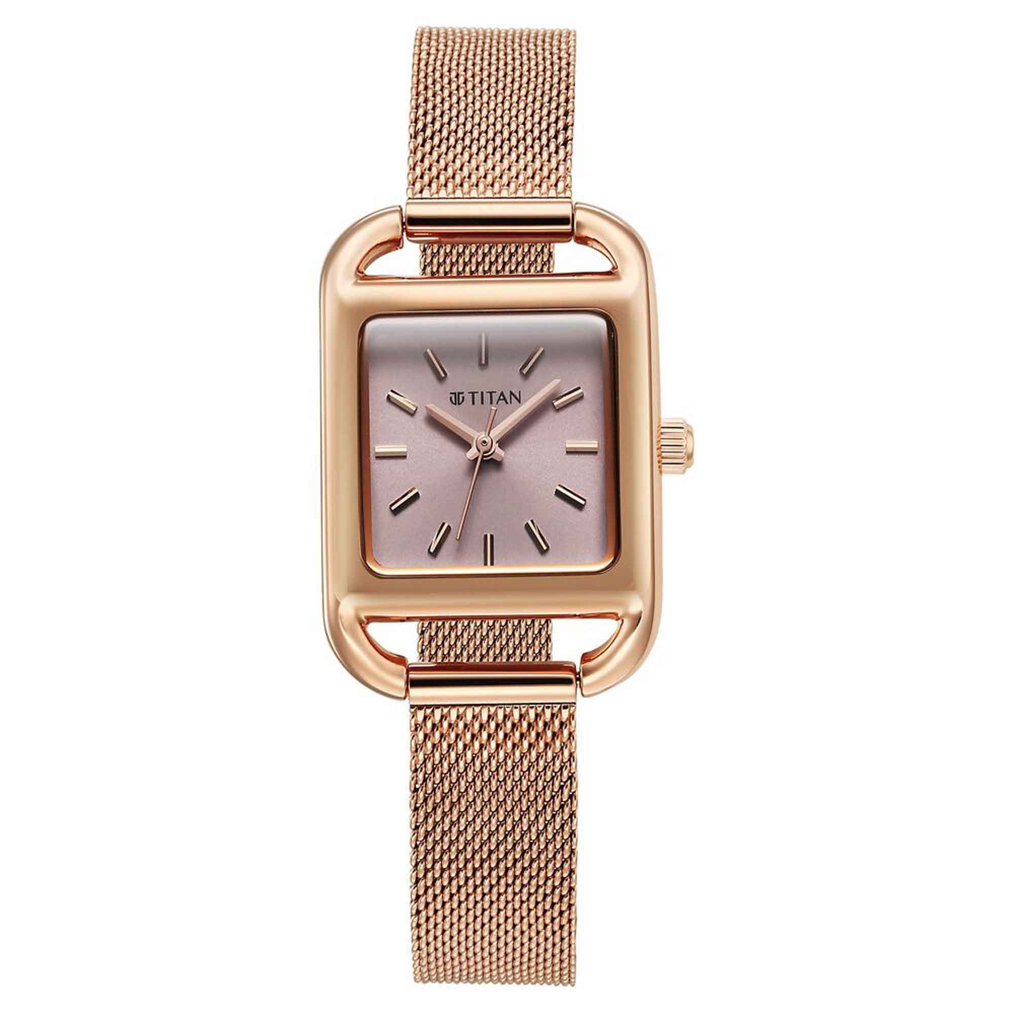 Titan Pink Rectangular Dial Rose Gold Stainless Steel Strap Analog Watch for Women