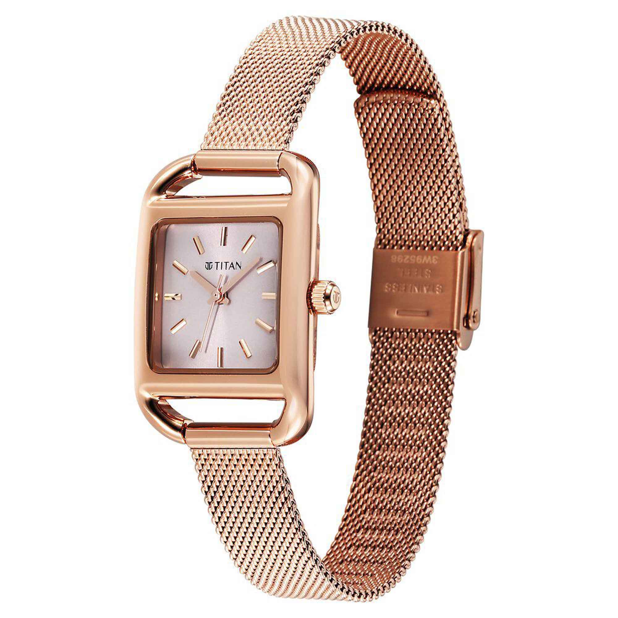 Titan Pink Rectangular Dial Rose Gold Stainless Steel Strap Analog Watch for Women