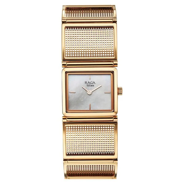 Titan Raga White Mother of Pearl Dial Rose Gold Stainless Steel Strap Analog Watch for Women