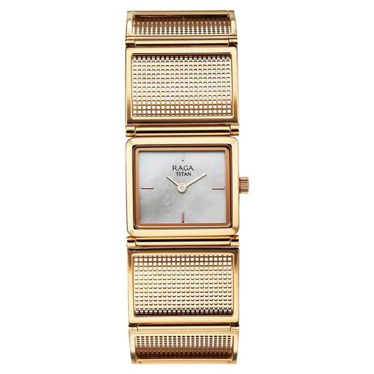 Titan Raga White Mother of Pearl Dial Rose Gold Stainless Steel Strap Analog Watch for Women