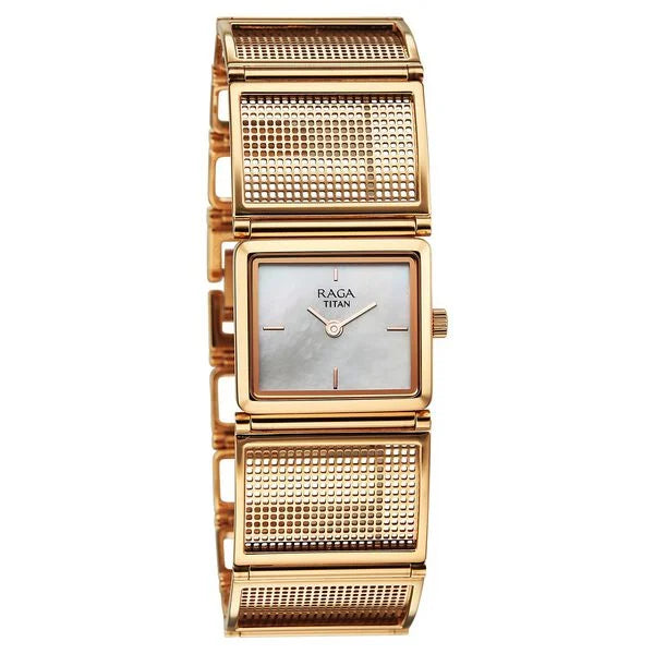 Titan Raga White Mother of Pearl Dial Rose Gold Stainless Steel Strap Analog Watch for Women