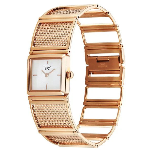 Titan Raga White Mother of Pearl Dial Rose Gold Stainless Steel Strap Analog Watch for Women