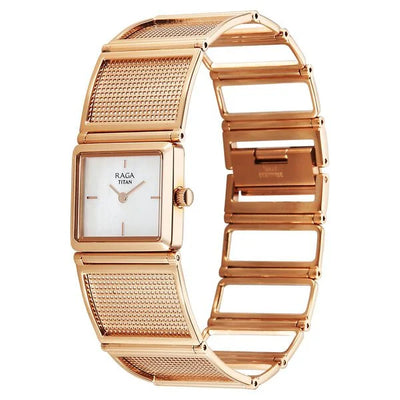 Titan Raga White Mother of Pearl Dial Rose Gold Stainless Steel Strap Analog Watch for Women