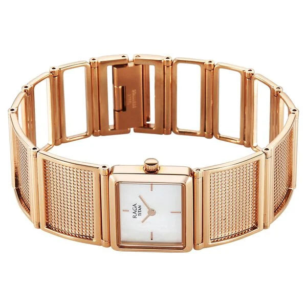 Titan Raga White Mother of Pearl Dial Rose Gold Stainless Steel Strap Analog Watch for Women
