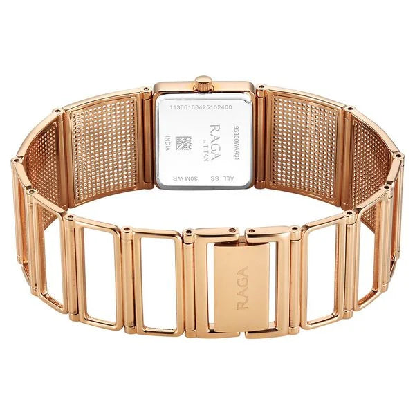 Titan Raga White Mother of Pearl Dial Rose Gold Stainless Steel Strap Analog Watch for Women