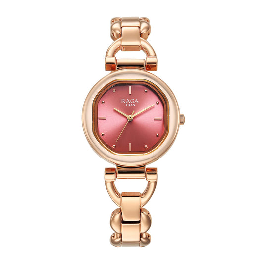 Titan Raga Showstopper 2.0 Quartz Analog Red Dial  Rose Gold Color Stainless Steel Strap Watch For Women