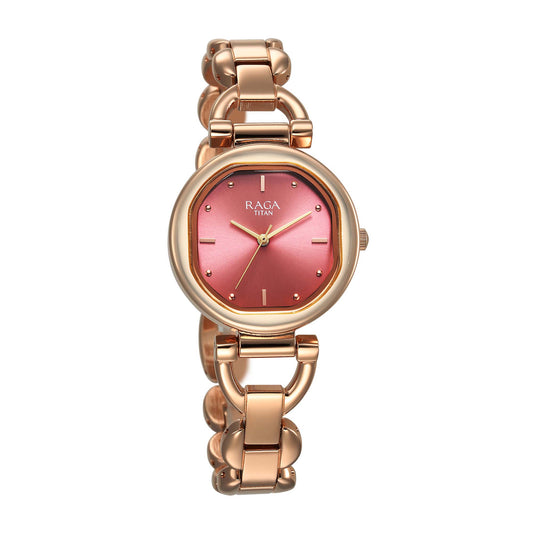 Titan Raga Showstopper 2.0 Quartz Analog Red Dial  Rose Gold Color Stainless Steel Strap Watch For Women