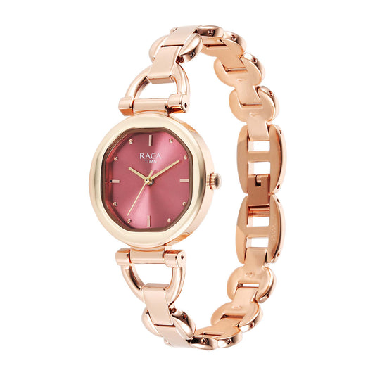 Titan Raga Showstopper 2.0 Quartz Analog Red Dial  Rose Gold Color Stainless Steel Strap Watch For Women
