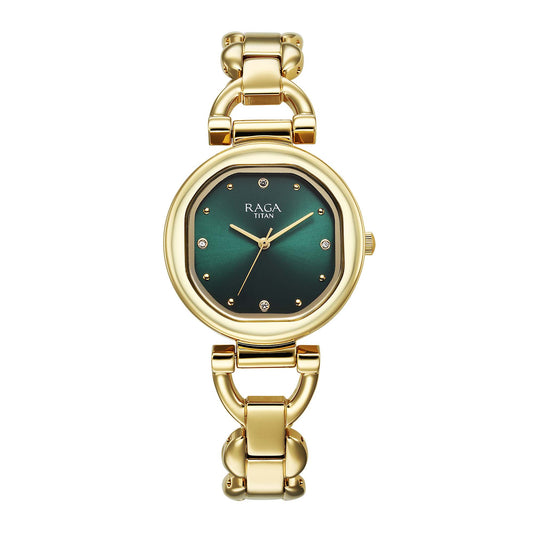 Titan Raga Showstopper 2.0 Quartz Analog Green Dial  Gold Color Stainless Steel Strap Watch For Women
