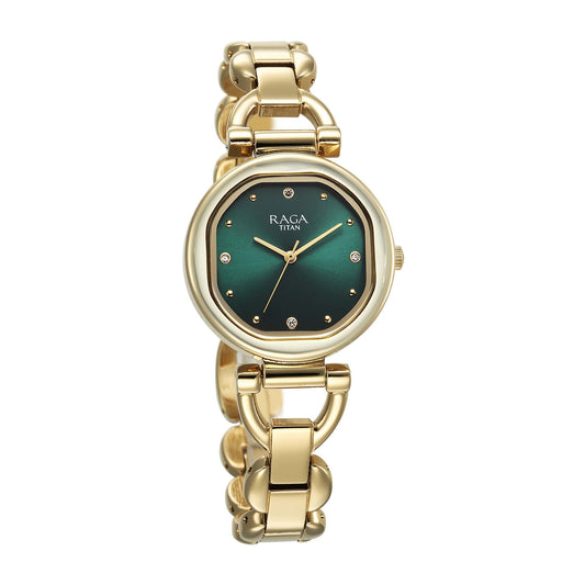 Titan Raga Showstopper 2.0 Quartz Analog Green Dial  Gold Color Stainless Steel Strap Watch For Women