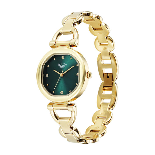 Titan Raga Showstopper 2.0 Quartz Analog Green Dial  Gold Color Stainless Steel Strap Watch For Women