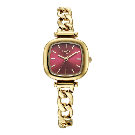 Titan Raga Showstopper 2.0 Quartz Analog Red Dial  Gold Color Stainless Steel Strap Watch For Women