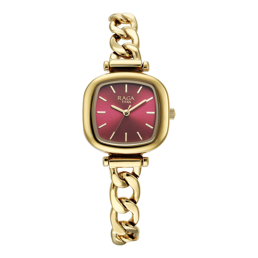 Titan Raga Showstopper Quartz Analog Maroon Dial Metal Strap Watch For Women