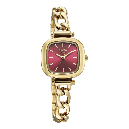 Titan Raga Showstopper 2.0 Quartz Analog Red Dial  Gold Color Stainless Steel Strap Watch For Women
