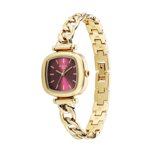 Titan Raga Showstopper 2.0 Quartz Analog Red Dial  Gold Color Stainless Steel Strap Watch For Women