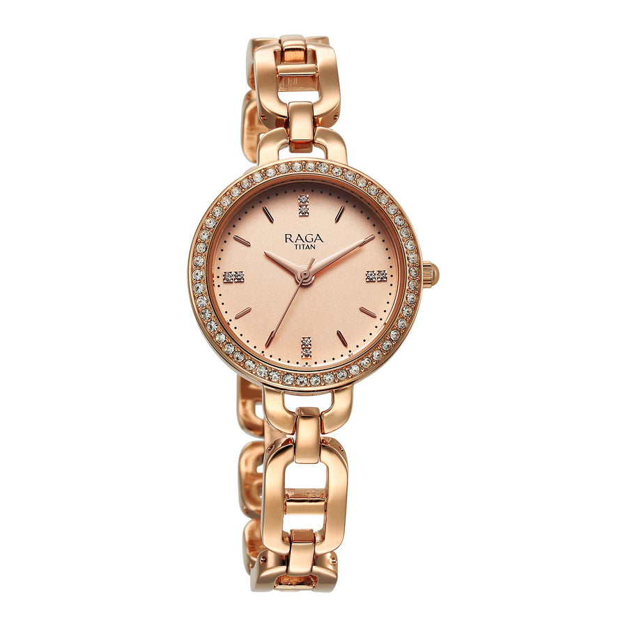Titan Raga Showstopper Quartz Analog Rose Gold Dial Metal Strap Watch For Women