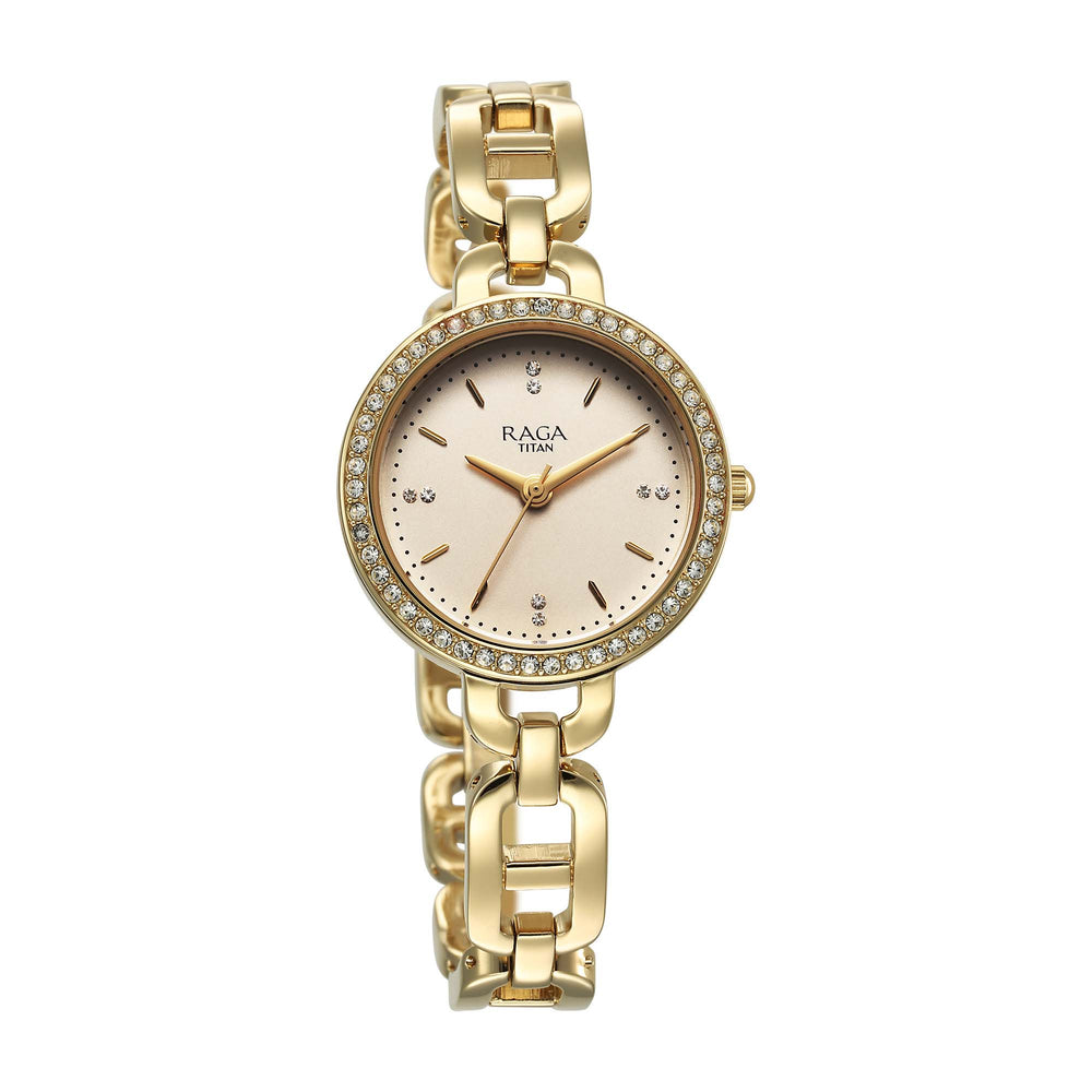 Titan Raga Showstopper Quartz Analog Golden Dial Metal Strap Watch For Women