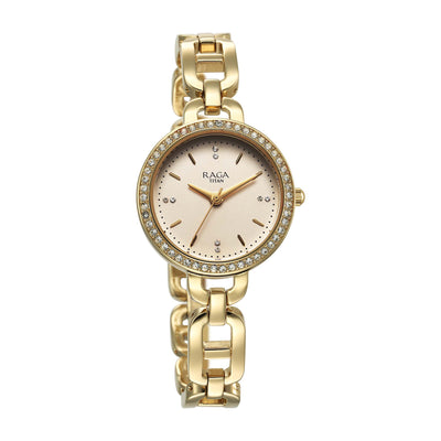 Titan Raga Showstopper Quartz Analog Golden Dial Metal Strap Watch For Women