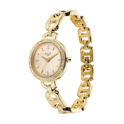 Titan Raga Showstopper Quartz Analog Golden Dial Metal Strap Watch For Women