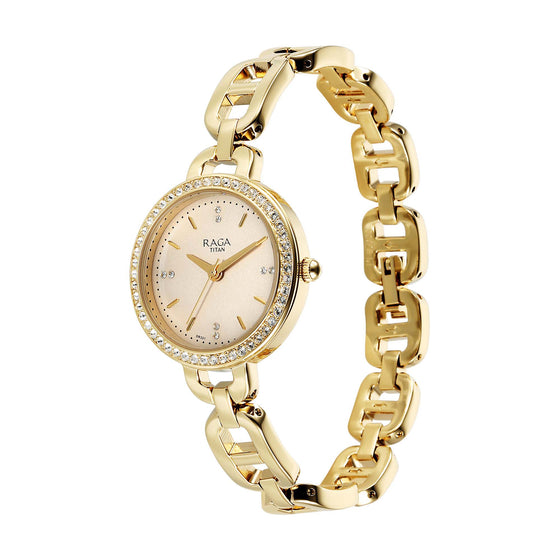 Titan Raga Showstopper Quartz Analog Golden Dial Metal Strap Watch For Women