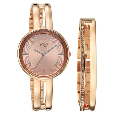 Titan Champagne Dial Rose Gold Metal Strap Analog Watch for Women