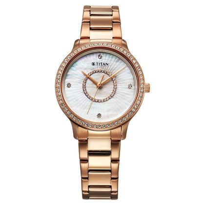 Titan Glamour Quartz Analog Mother Of Pearl Dial Rose Gold Stainless Steel Strap Watch For Women