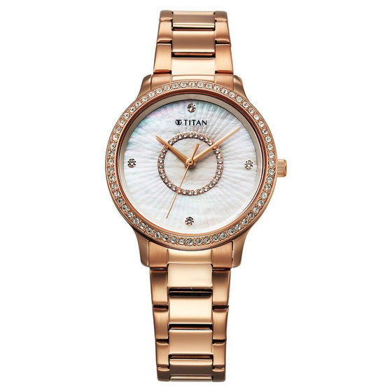 Titan Glamour Quartz Analog Mother Of Pearl Dial Rose Gold Stainless Steel Strap Watch For Women