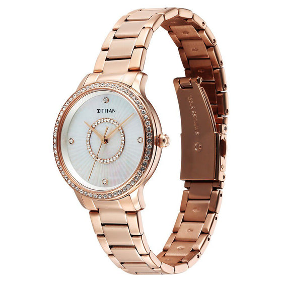 Titan Glamour Quartz Analog Mother Of Pearl Dial Rose Gold Stainless Steel Strap Watch For Women
