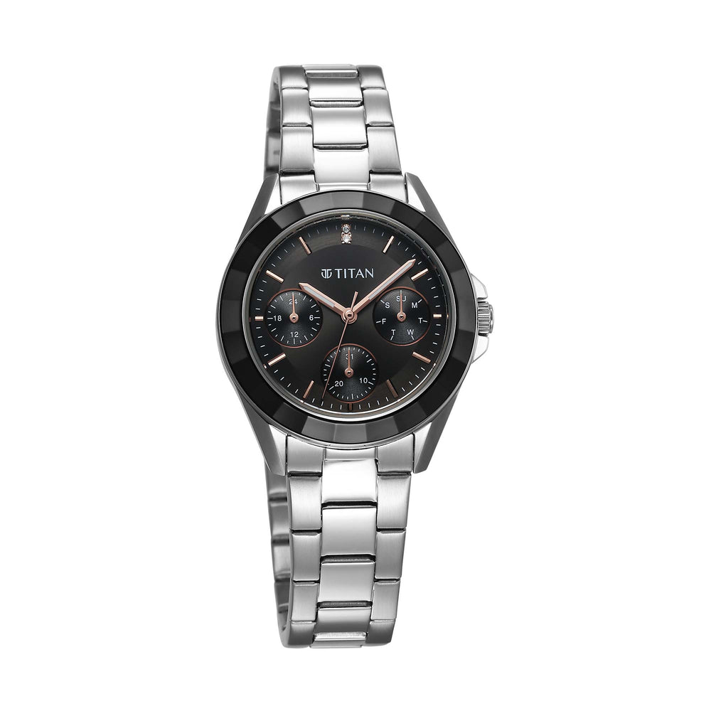 Titan Glamour Quartz Multifunction Black Dial Silver Stainless Steel Strap Watch For Women