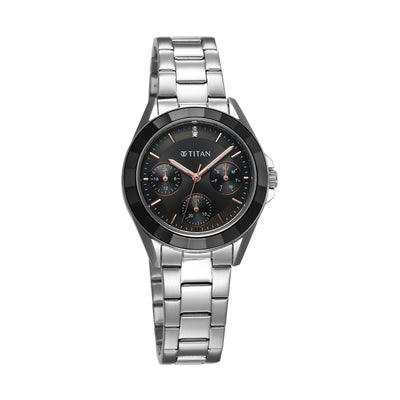 Titan Glamour Quartz Multifunction Black Dial Silver Stainless Steel Strap Watch For Women