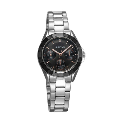Titan Glamour Quartz Multifunction Black Dial Silver Stainless Steel Strap Watch For Women