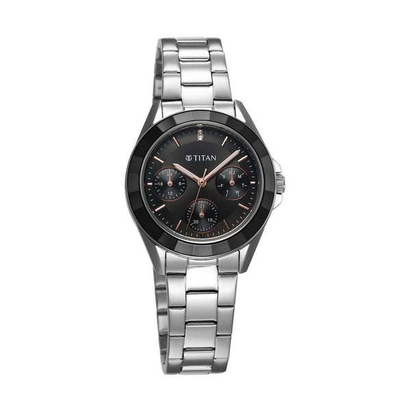 Titan Glamour Quartz Multifunction Black Dial Silver Stainless Steel Strap Watch For Women