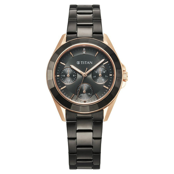 Titan Glamour Quartz Multifunction Grey Dial Grey Stainless Steel Strap Watch For Women