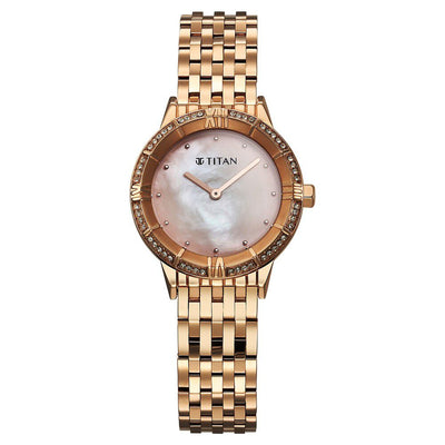 Titan Glamour Quartz Analog Mother Of Pearl Dial Rose Gold Stainless Steel Strap Watch For Women