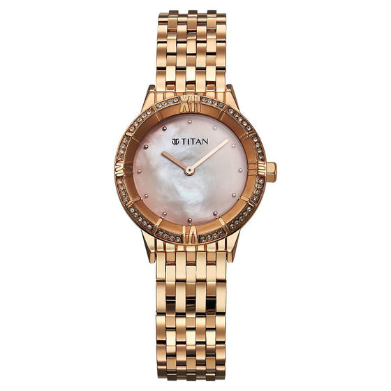 Titan Glamour Quartz Analog Mother Of Pearl Dial Rose Gold Stainless Steel Strap Watch For Women