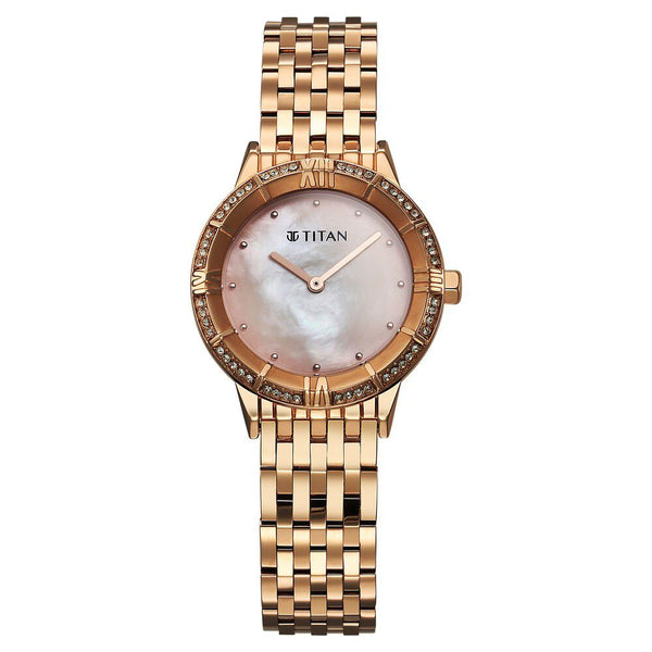Titan Glamour Quartz Analog Mother Of Pearl Dial Rose Gold Stainless Steel Strap Watch For Women