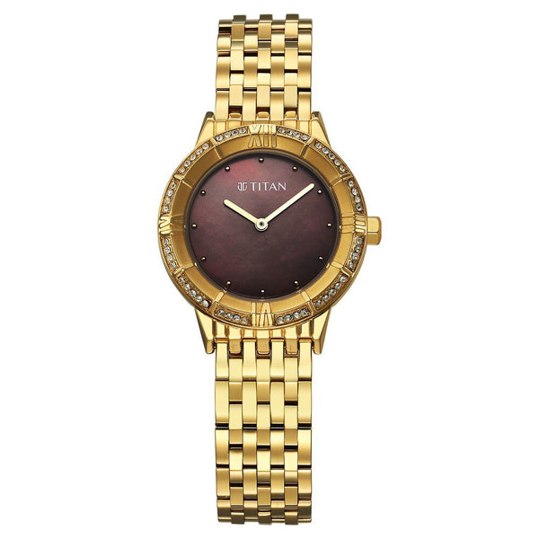 Titan Glamour Quartz Analog Brown Dial Golden Stainless Steel Strap Watch For Women