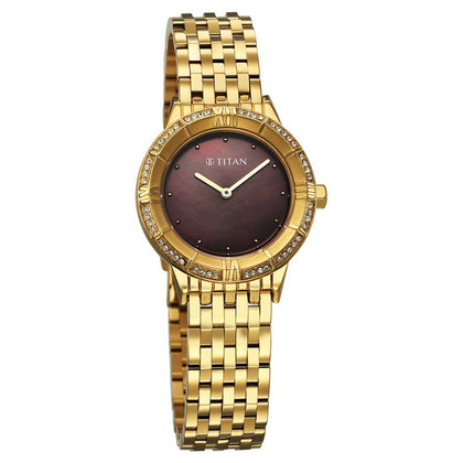Titan Glamour Quartz Analog Brown Dial Golden Stainless Steel Strap Watch For Women