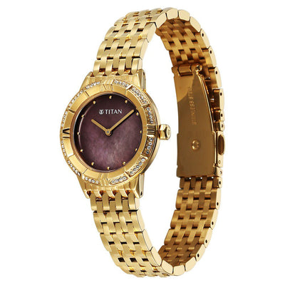 Titan Glamour Quartz Analog Brown Dial Golden Stainless Steel Strap Watch For Women