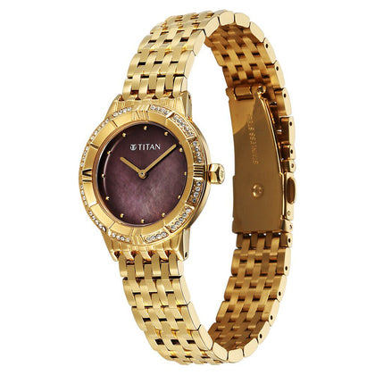 Titan Glamour Quartz Analog Brown Dial Golden Stainless Steel Strap Watch For Women