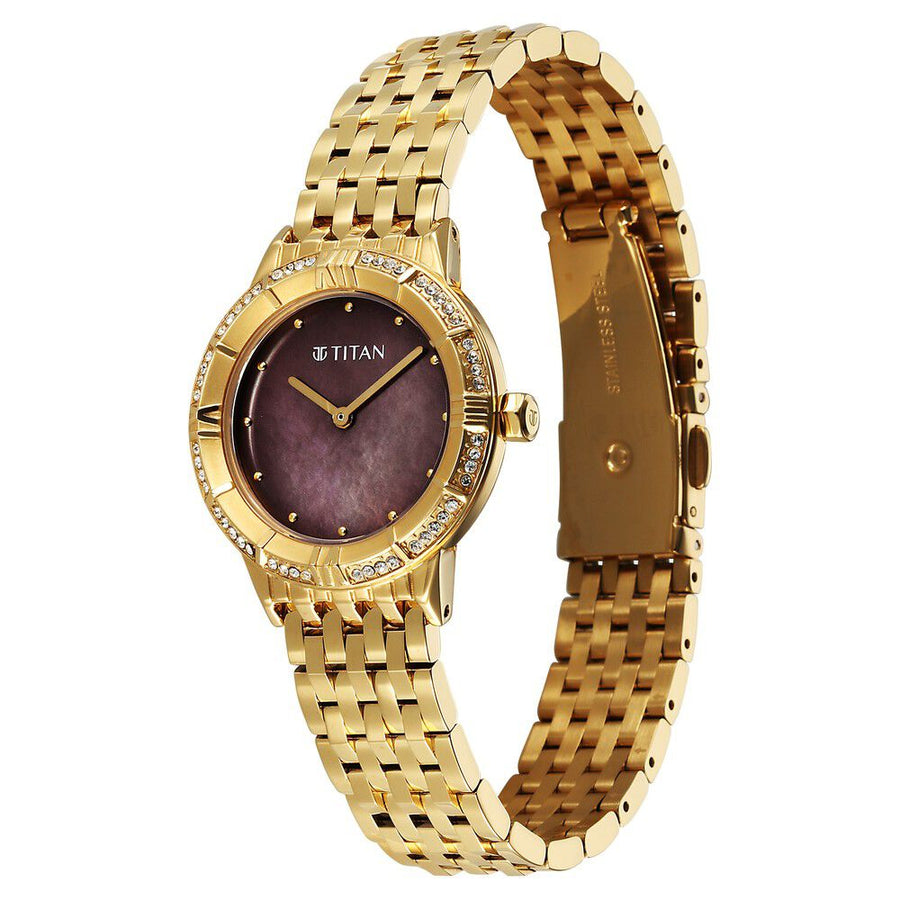 Titan Glamour Quartz Analog Brown Dial Golden Stainless Steel Strap Watch For Women