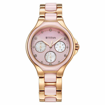 Titan Glamour Quartz Multifunction Mother Of Pearl Dial Pink Ceramic & Steel Strap Watch For Women